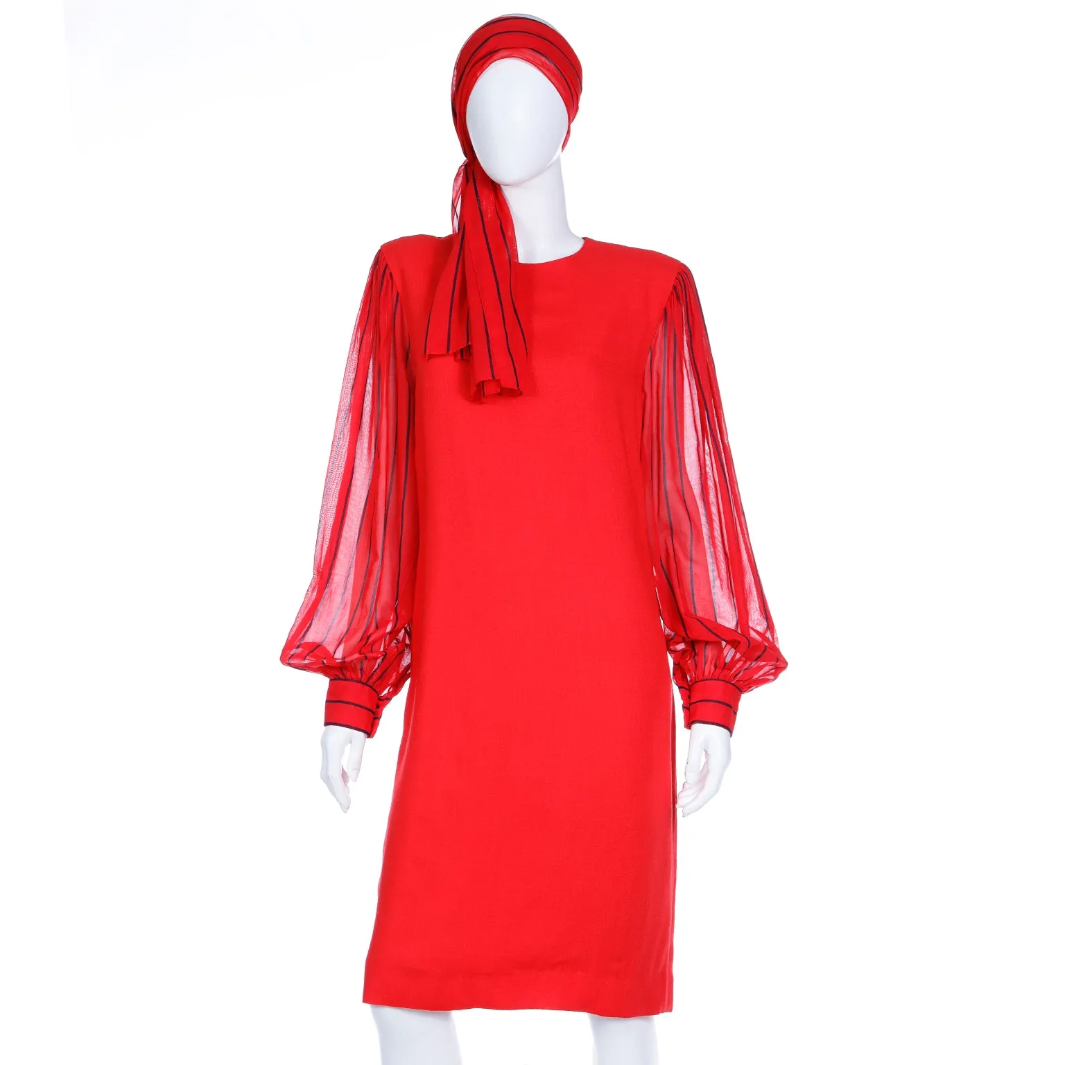 1980s Pauline Trigere Vintage Red Dress W Sheer Striped Sleeves