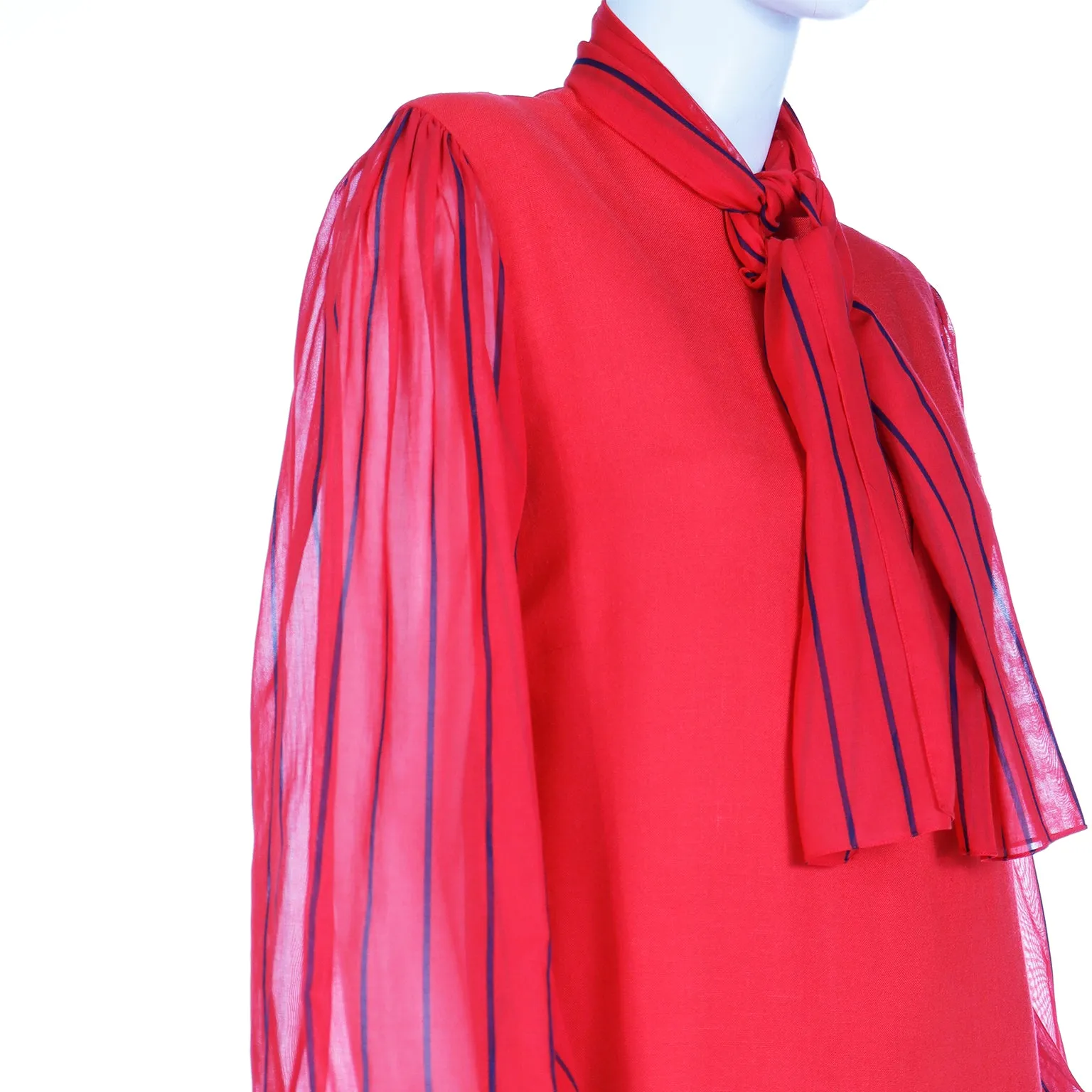 1980s Pauline Trigere Vintage Red Dress W Sheer Striped Sleeves