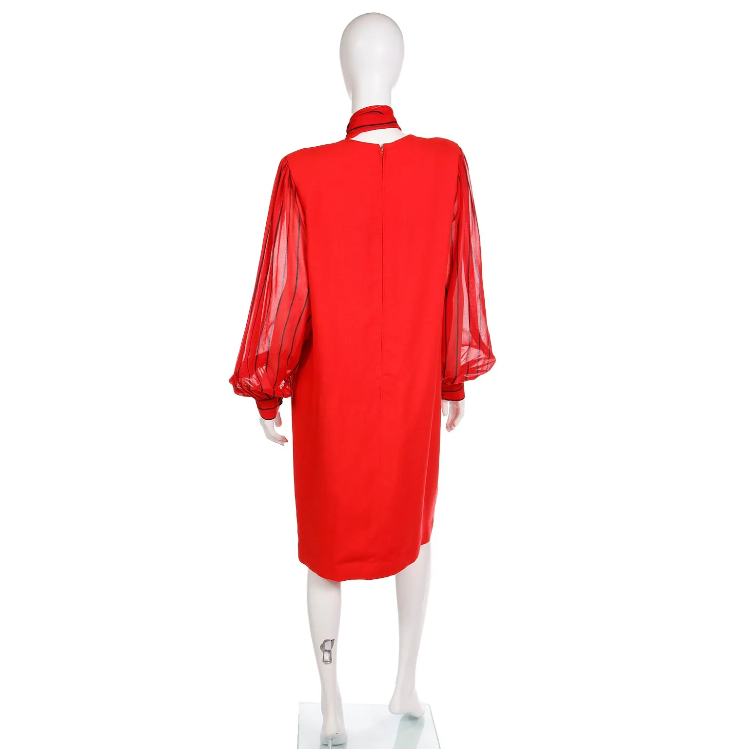 1980s Pauline Trigere Vintage Red Dress W Sheer Striped Sleeves