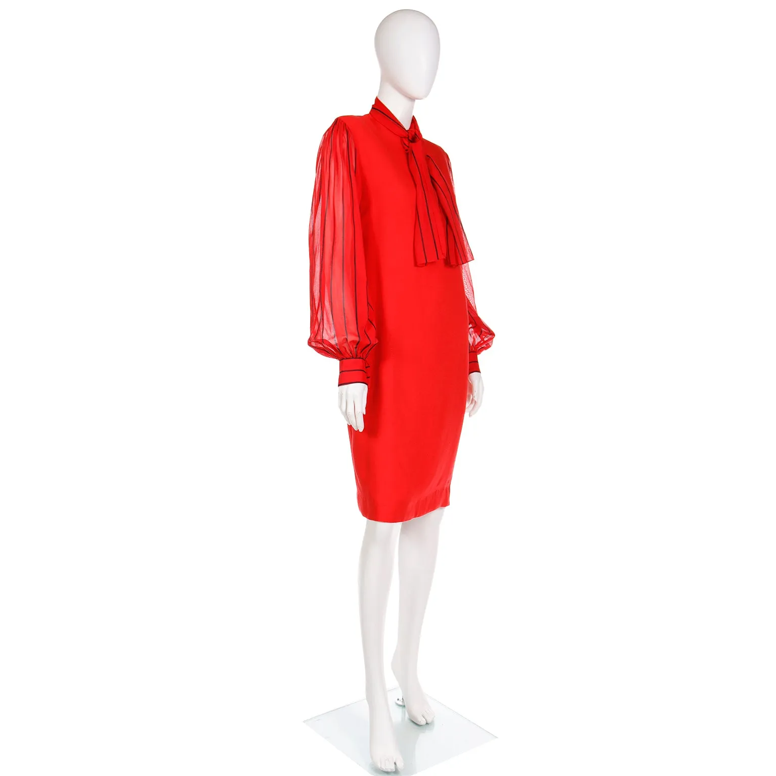 1980s Pauline Trigere Vintage Red Dress W Sheer Striped Sleeves