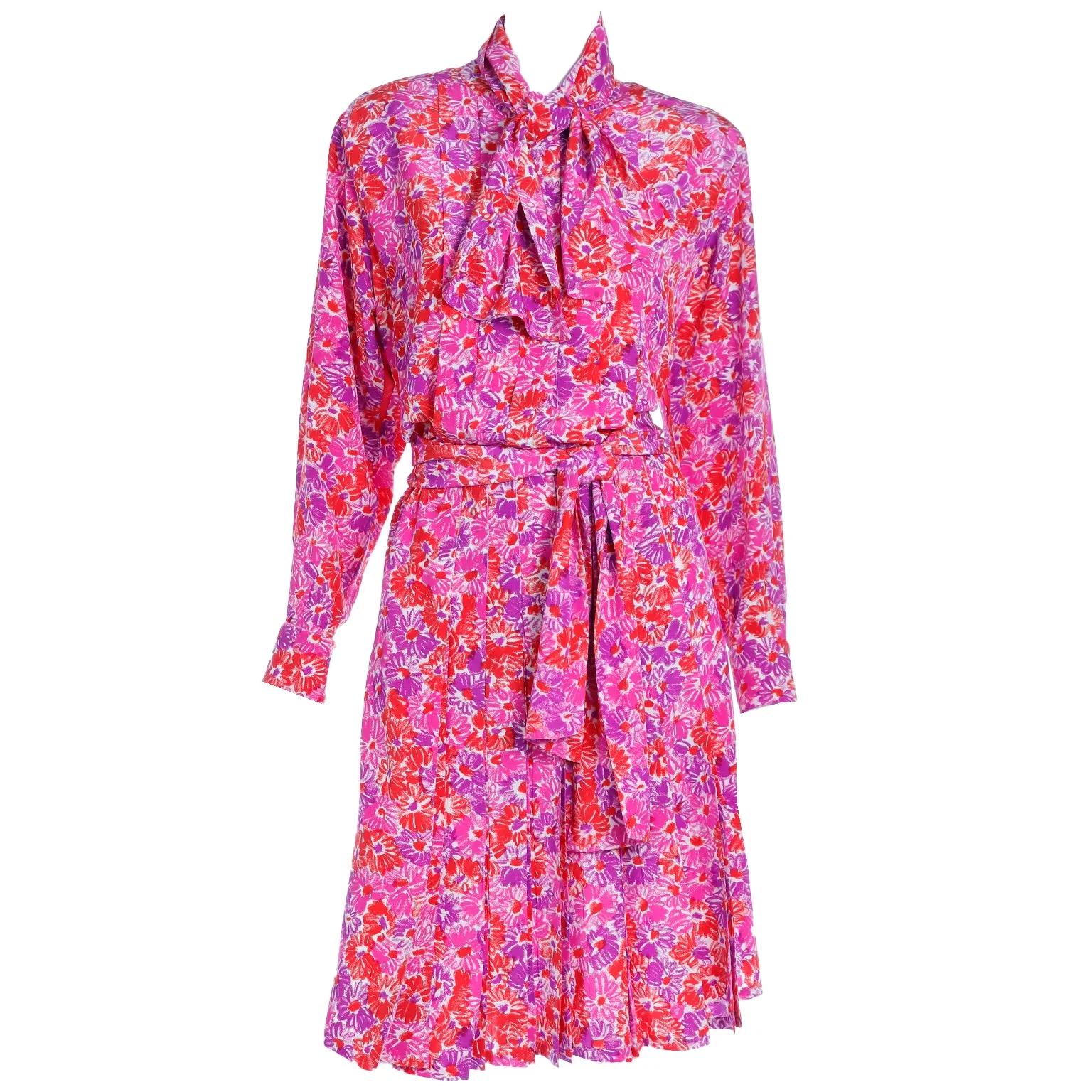 1989 Yves Saint Laurent Silk Floral Runway Dress With Sash Belt