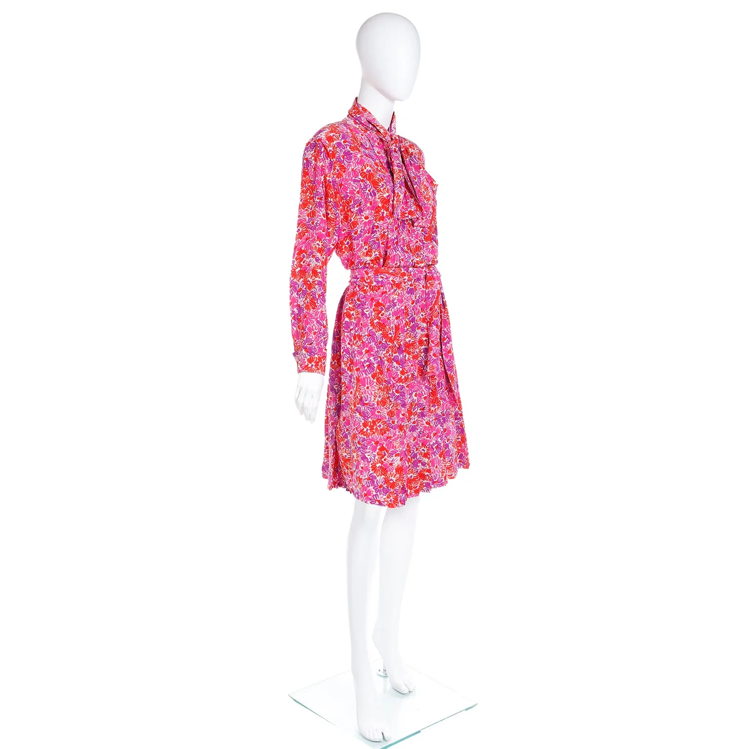 1989 Yves Saint Laurent Silk Floral Runway Dress With Sash Belt