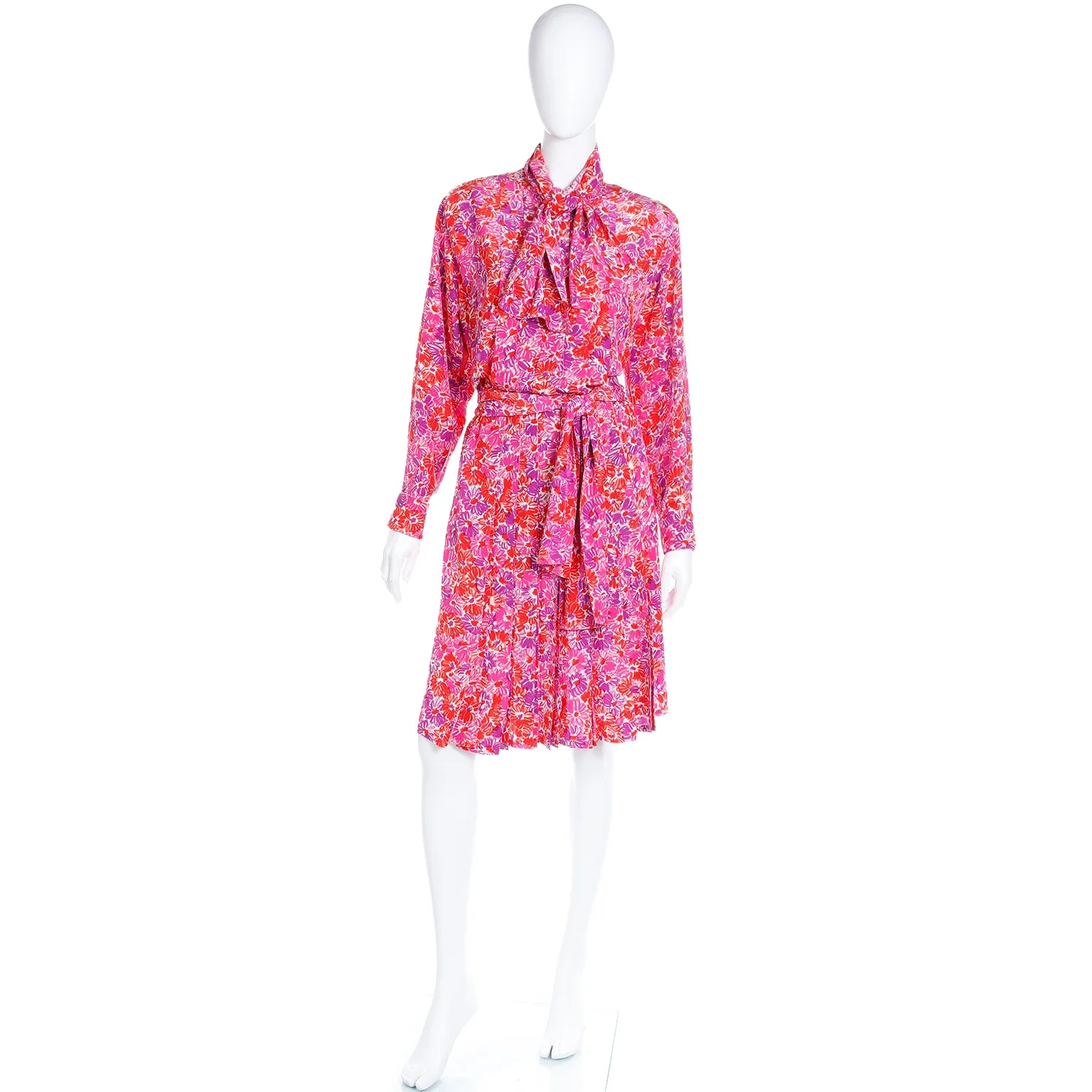 1989 Yves Saint Laurent Silk Floral Runway Dress With Sash Belt