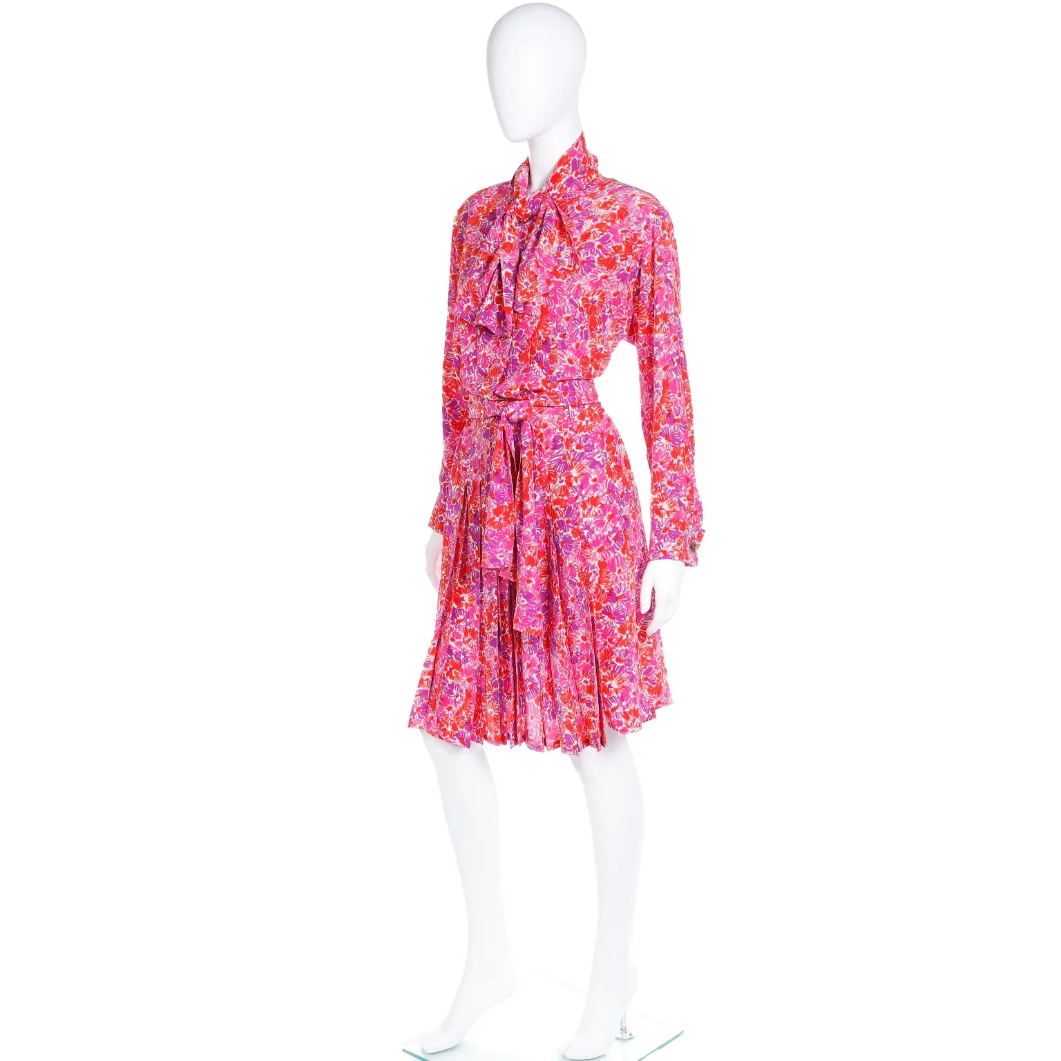 1989 Yves Saint Laurent Silk Floral Runway Dress With Sash Belt