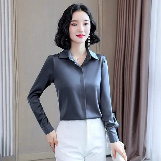 2021 Spring Women Silk Shirt Casual Blouse  Long Sleeve Lapel Sizes M - 3XL