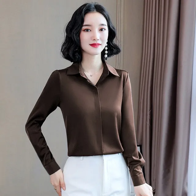 2021 Spring Women Silk Shirt Casual Blouse  Long Sleeve Lapel Sizes M - 3XL