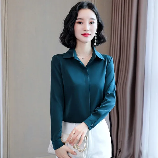 2021 Spring Women Silk Shirt Casual Blouse  Long Sleeve Lapel Sizes M - 3XL