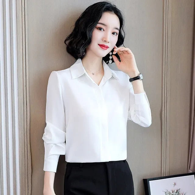 2021 Spring Women Silk Shirt Casual Blouse  Long Sleeve Lapel Sizes M - 3XL