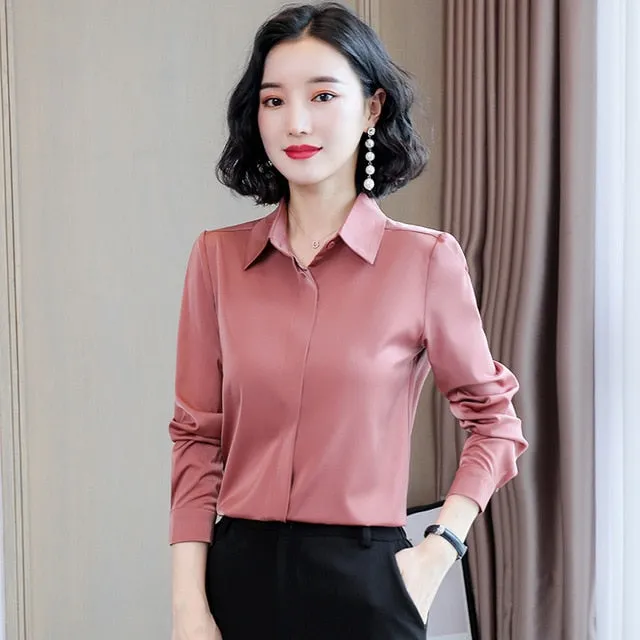 2021 Spring Women Silk Shirt Casual Blouse  Long Sleeve Lapel Sizes M - 3XL