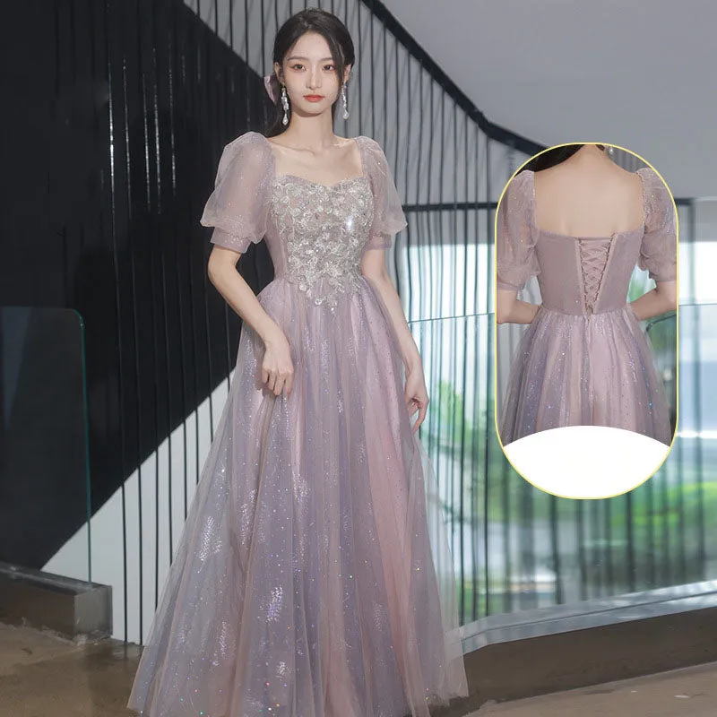 A Line Pink Tulle Bridesmaid Dress Shiny Long Prom Dress 524