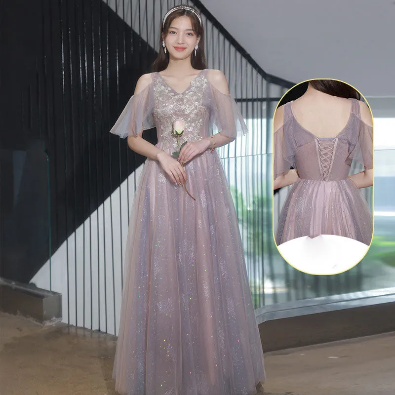 A Line Pink Tulle Bridesmaid Dress Shiny Long Prom Dress 524