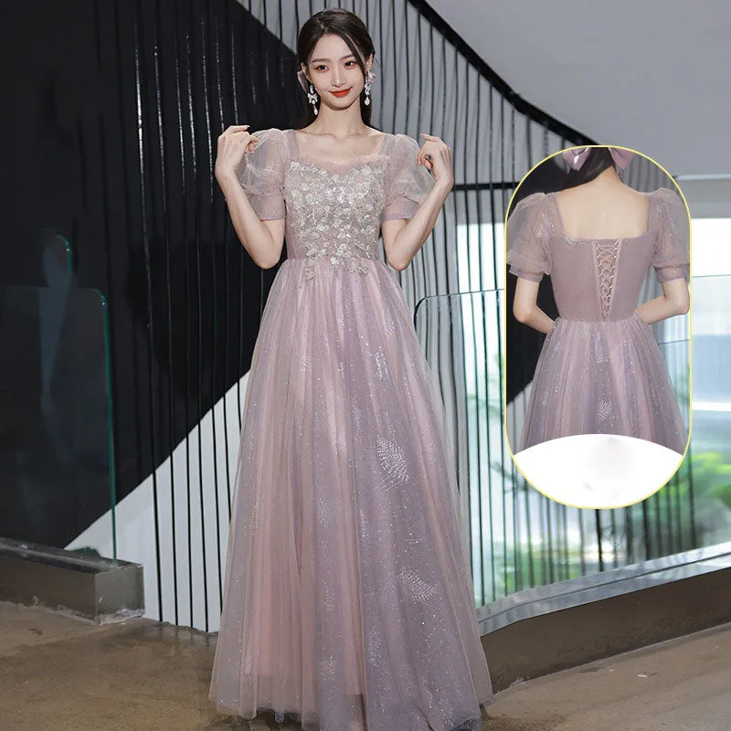 A Line Pink Tulle Bridesmaid Dress Shiny Long Prom Dress 524