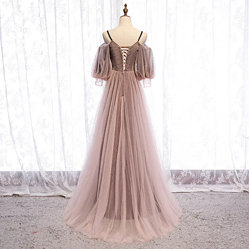 A Line Tulle Prom Dress Long Sleeves Evening Party Gown Formal Dress 613