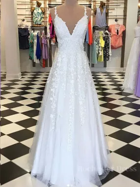 A Line V Neck Floor Length Lace White Long Prom Dresses, White Lace Formal Dresses, V Neck White Evening Dresses