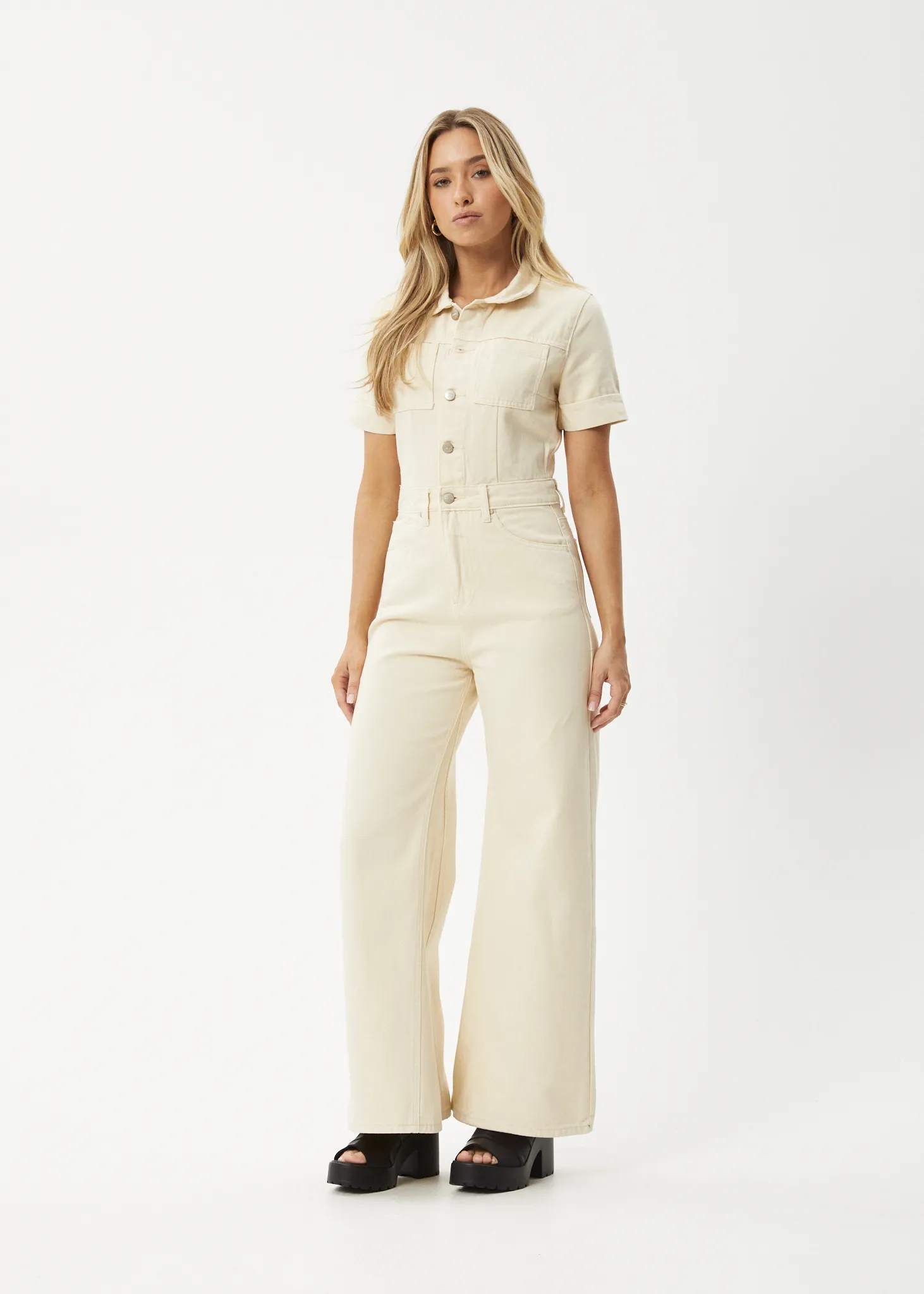 AFENDS Womens Miami - Denim Flared Jumpsuit - Sand