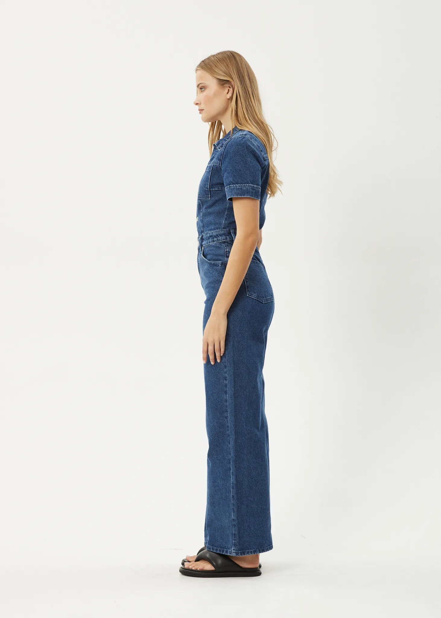 AFENDS Womens Miami - Denim Flared Leg Jumpsuit - Authentic Blue