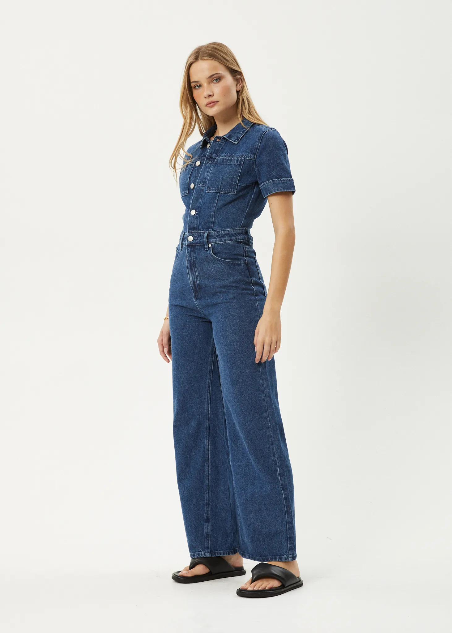 AFENDS Womens Miami - Denim Flared Leg Jumpsuit - Authentic Blue