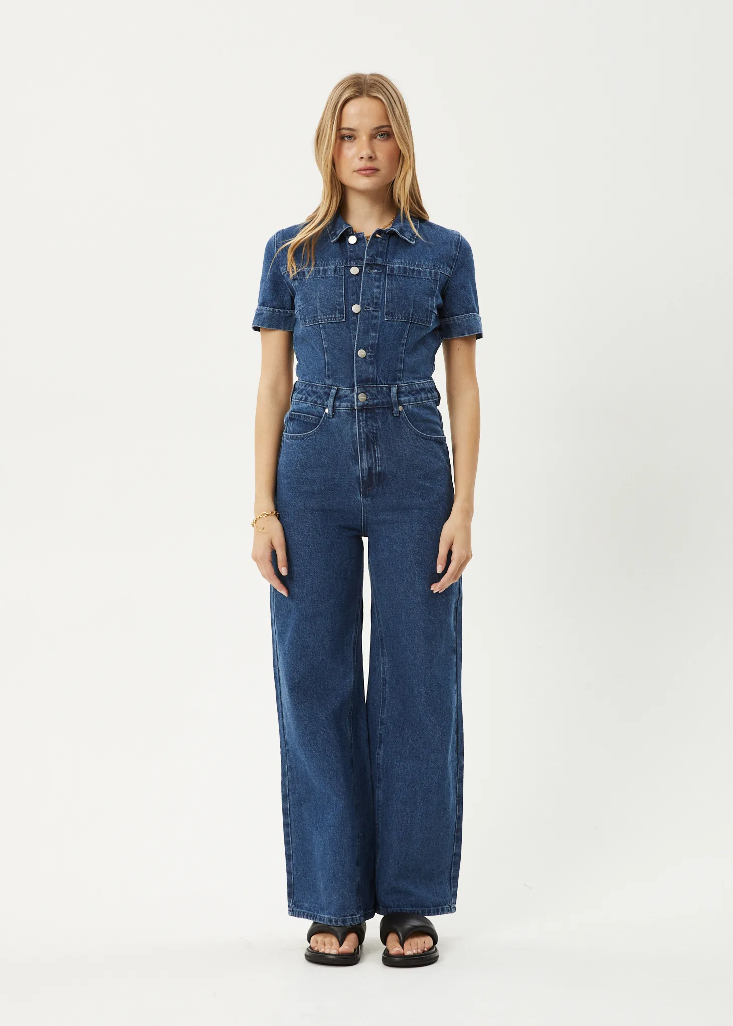 AFENDS Womens Miami - Denim Flared Leg Jumpsuit - Authentic Blue