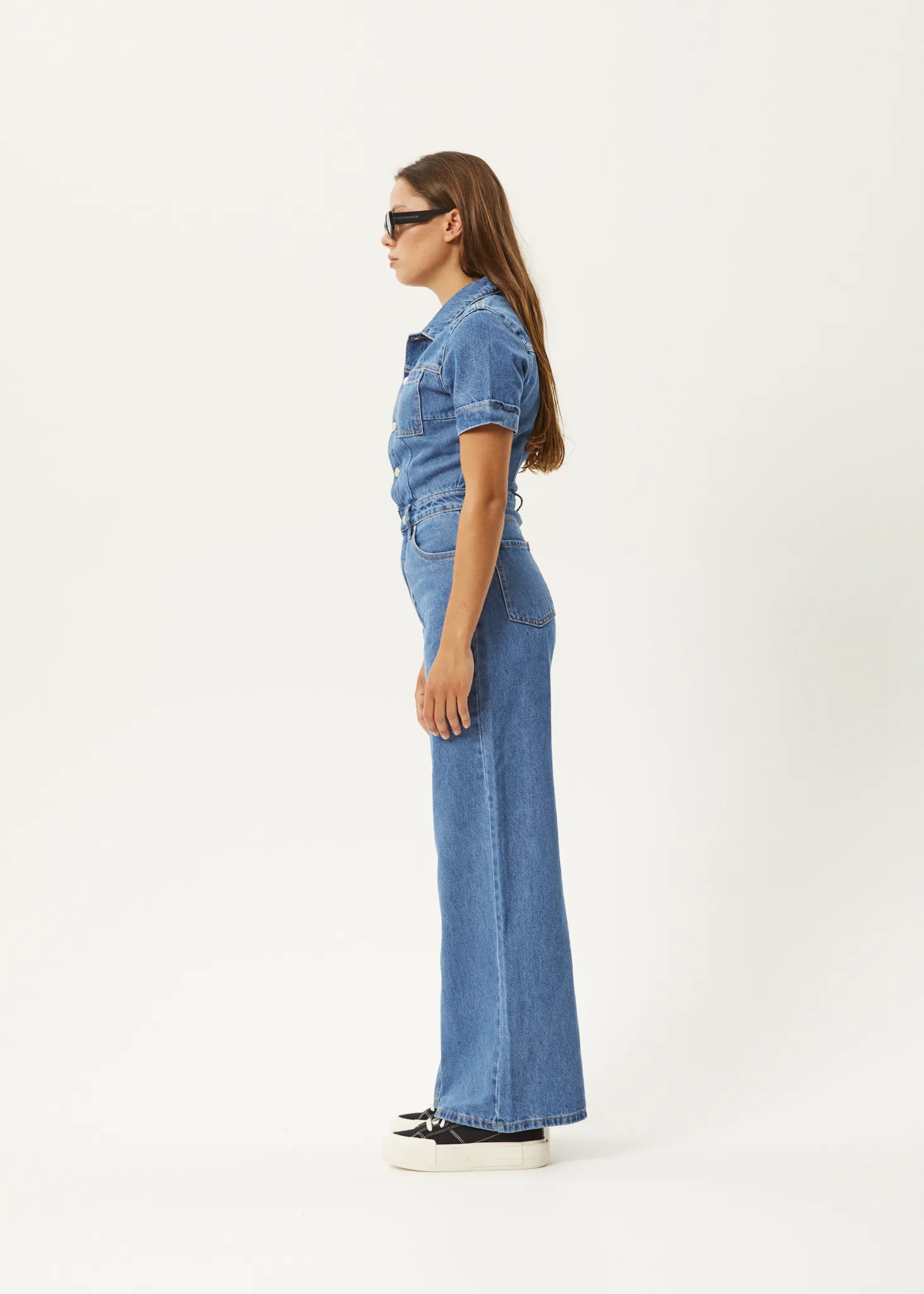 AFENDS Womens Miami - Denim Flared Leg Jumpsuit - Worn Blue