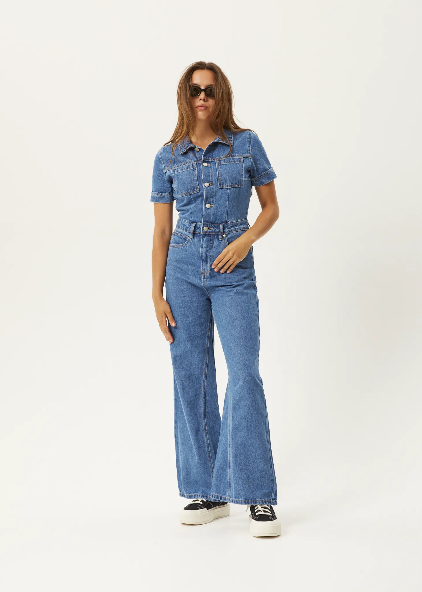 AFENDS Womens Miami - Denim Flared Leg Jumpsuit - Worn Blue