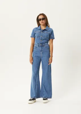 AFENDS Womens Miami - Denim Flared Leg Jumpsuit - Worn Blue