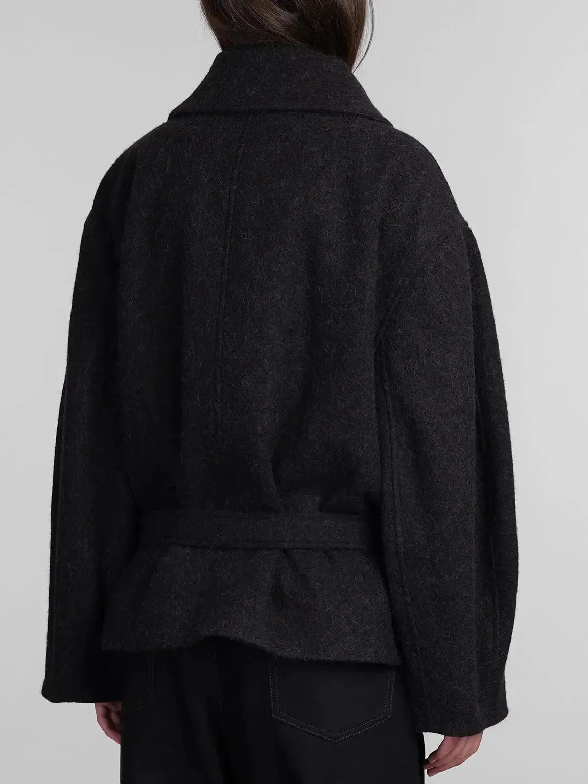 Asymmetrical Button-Closure Wool-Blend Jacket in Black