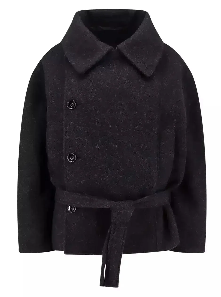 Asymmetrical Button-Closure Wool-Blend Jacket in Black