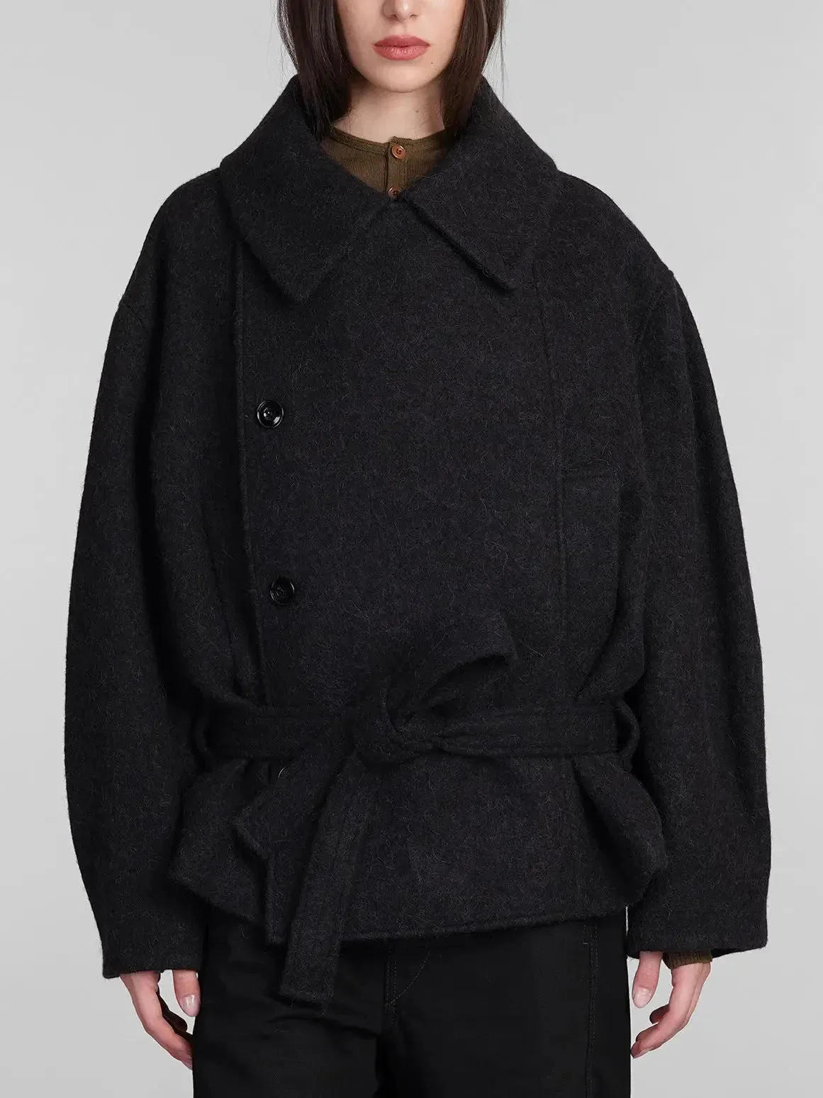 Asymmetrical Button-Closure Wool-Blend Jacket in Black