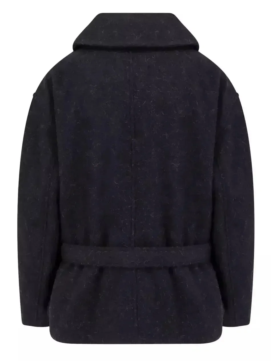 Asymmetrical Button-Closure Wool-Blend Jacket in Black