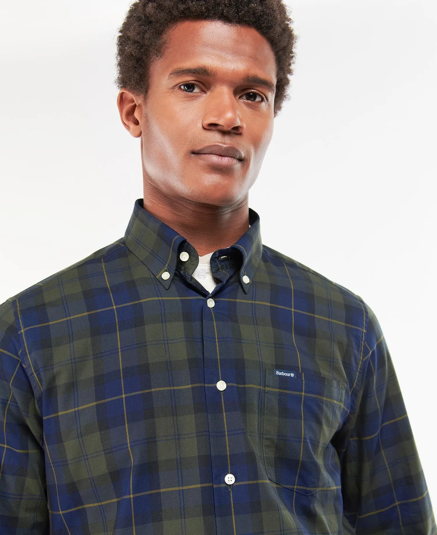 Barbour Wetheram Olive Night Tartan Plaid Button Down Collar Shirt in Tailored Fit