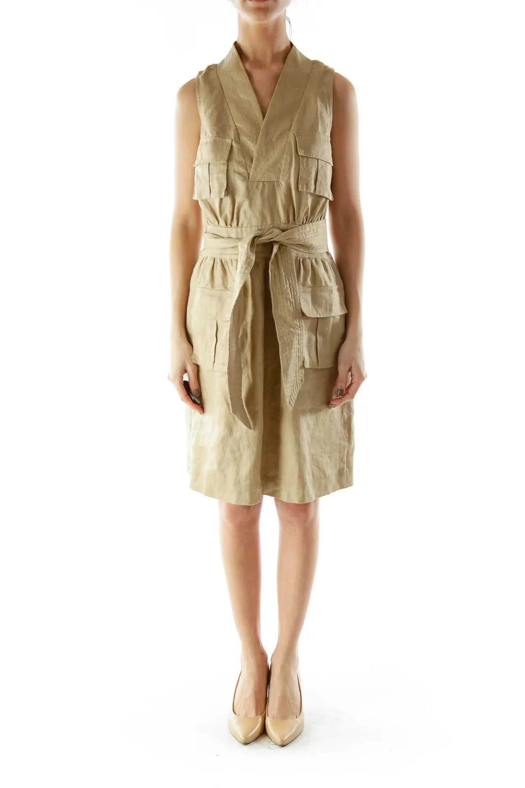 Beige Metallic Linen Day Dress With Sash