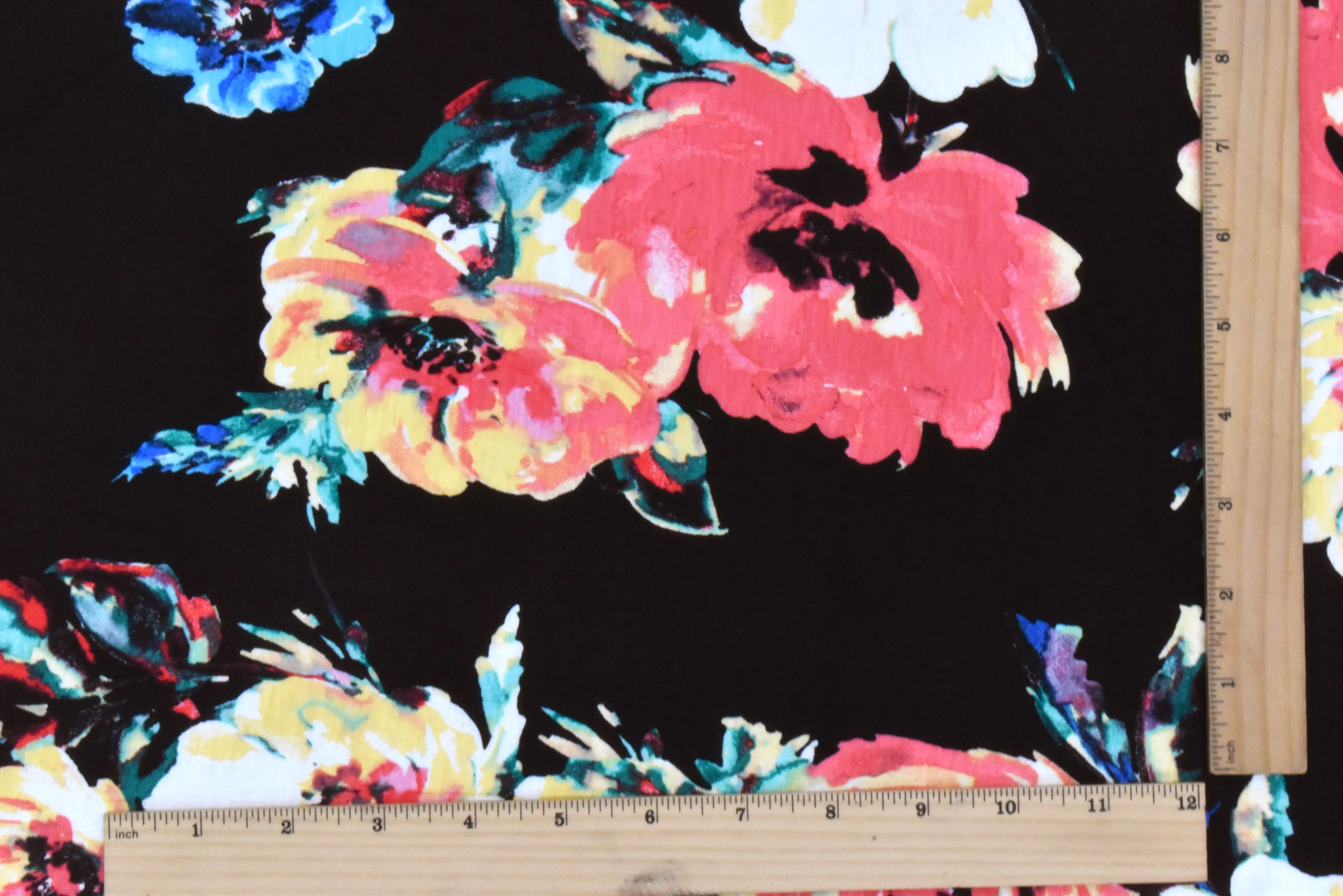 Black-Aqua-Multi Floral Printed Rayon Stretch Jersey Knit Fabric