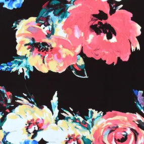 Black-Aqua-Multi Floral Printed Rayon Stretch Jersey Knit Fabric