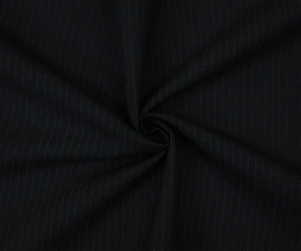 Black-Deep Blue Cotton-Wool Blend Striped Herringbone Suiting Fabric