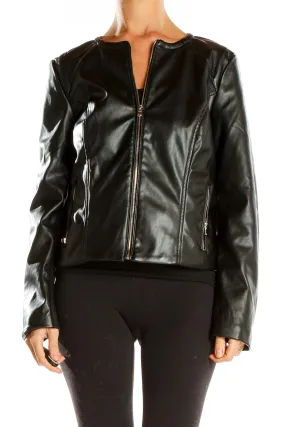 Black Faux Leather Zip-Up Jacket