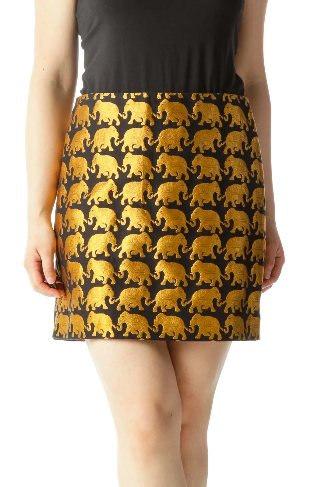 Black Gold Thread Elephant Embroidery Mini Skirt