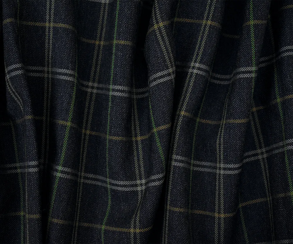 Black-Green-Multi Wool-Polyester Plaid Twill Suiting Woven Fabric