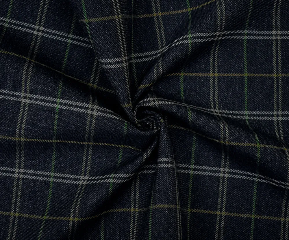 Black-Green-Multi Wool-Polyester Plaid Twill Suiting Woven Fabric