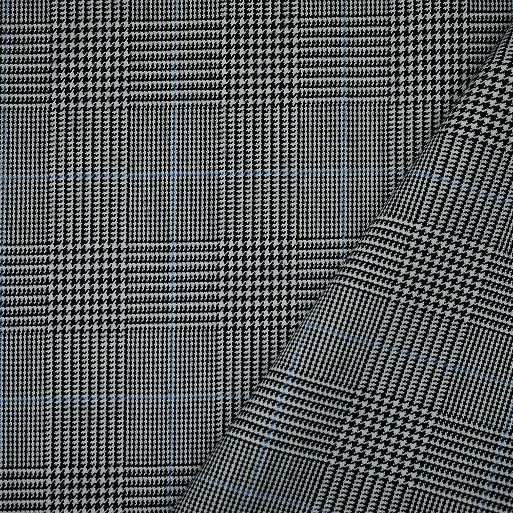 Black-Light Gray-Blue Poly Wool Blend Glen Plaid Check Suiting Woven Fabric