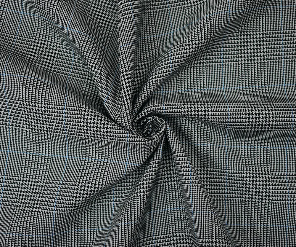 Black-Light Gray-Blue Poly Wool Blend Glen Plaid Check Suiting Woven Fabric