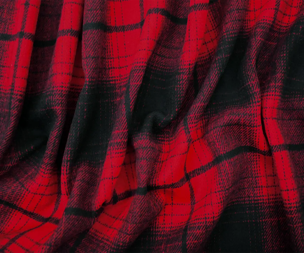 Black-Red Melton Poly Wool Single Sided Brush Plaid Woven Jacketing Fabric