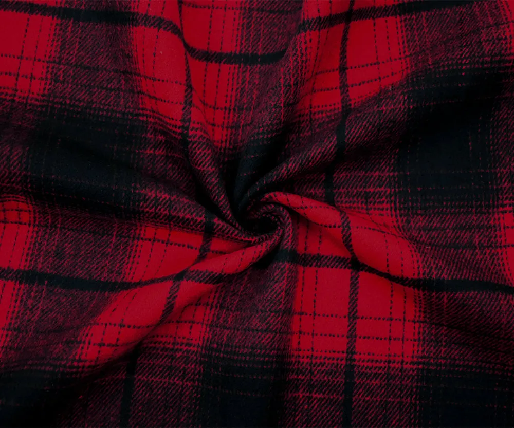 Black-Red Melton Poly Wool Single Sided Brush Plaid Woven Jacketing Fabric