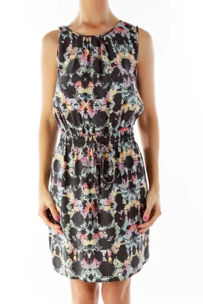 Black Scrunch Multicolor Print Day Dress