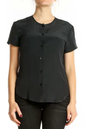 Black Silk Button-Up Short Sleeve Blouse