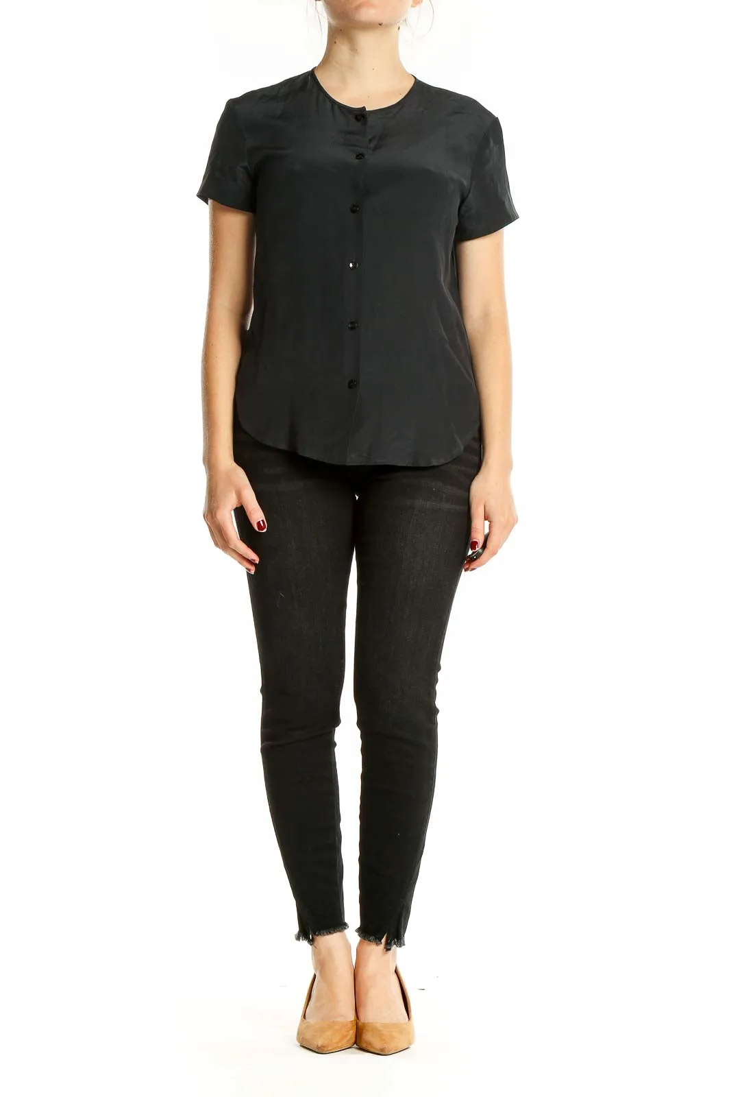 Black Silk Button-Up Short Sleeve Blouse