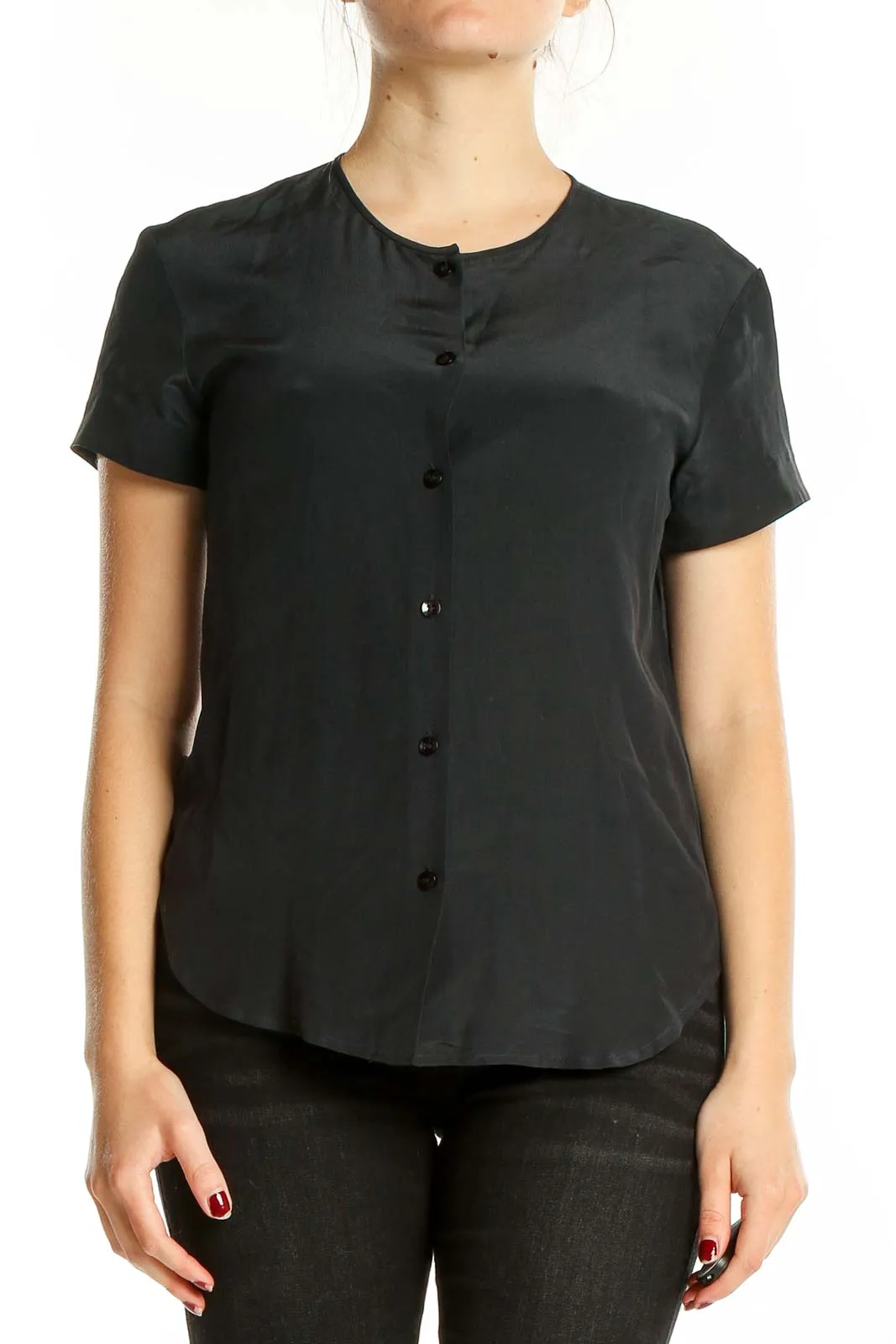 Black Silk Button-Up Short Sleeve Blouse