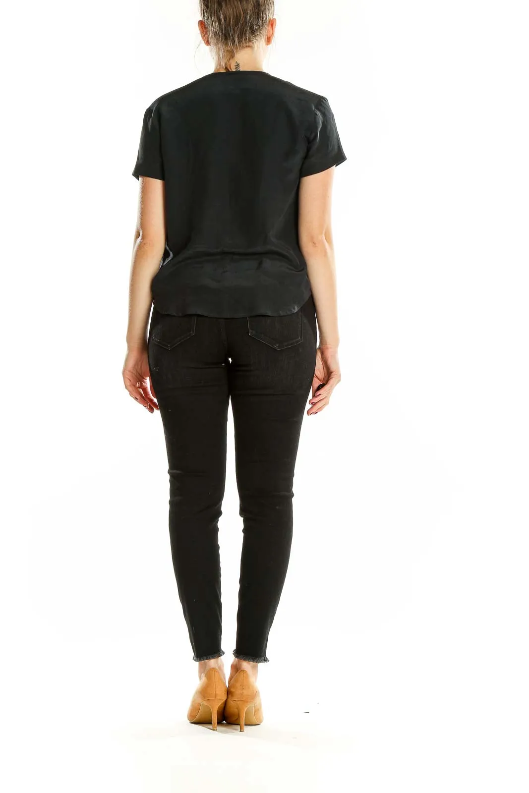 Black Silk Button-Up Short Sleeve Blouse