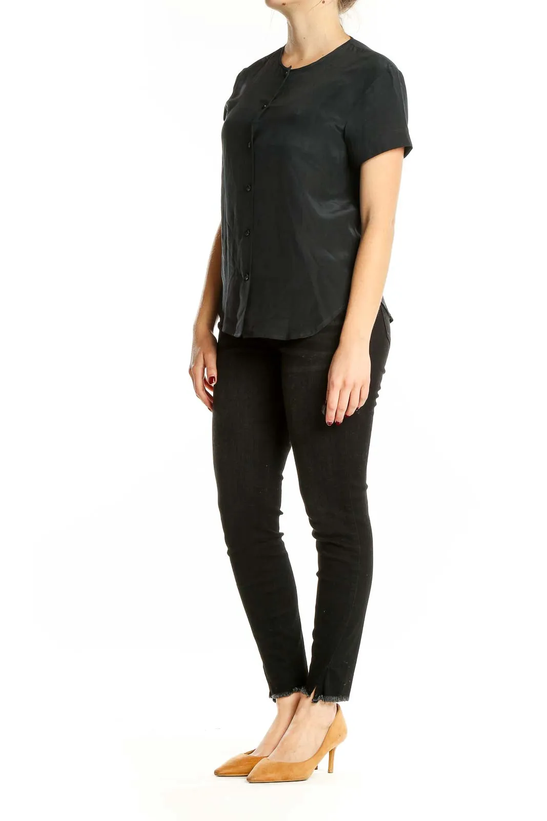 Black Silk Button-Up Short Sleeve Blouse