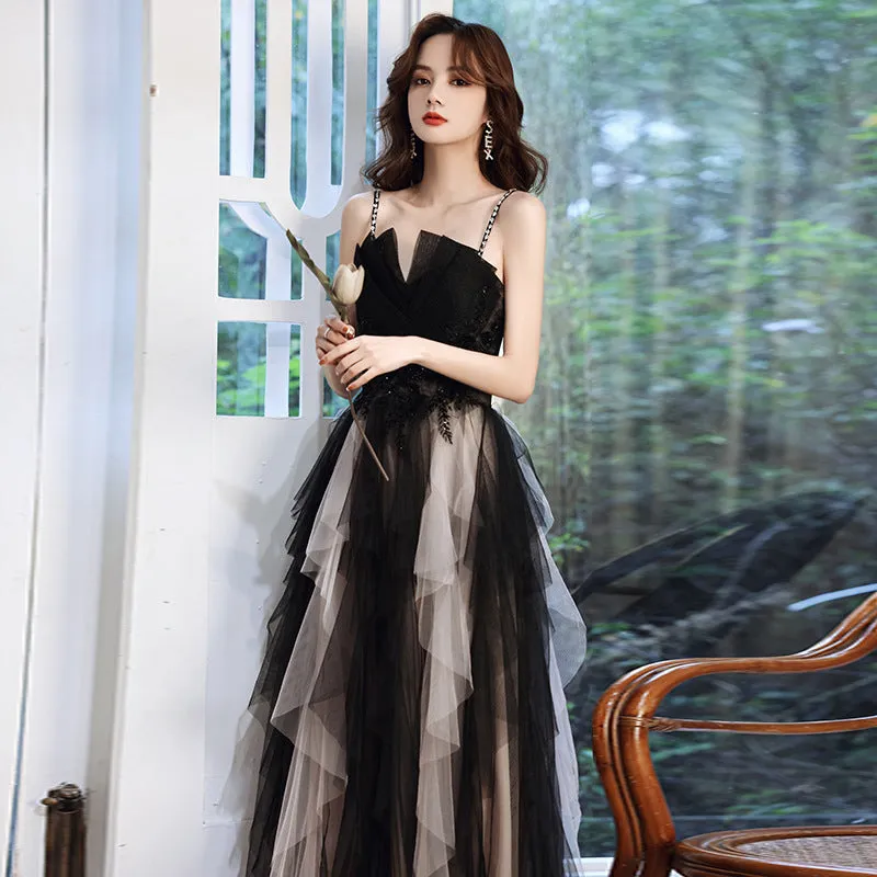 Black Spaghetti Strap Long Prom Dress A Line Evening Party Dress 167