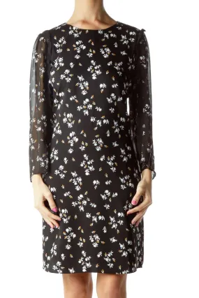 Black White Flower Print Day Dress